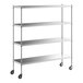 A Regency stainless steel wire shelving unit with wheels.