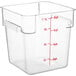 A clear square polycarbonate food storage container with measurements on the side.