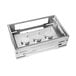 A stainless steel metal box with four round metal objects and three round metal holders.