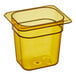 A yellow Cambro H-Pan plastic food pan with a lid.