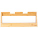 A natural bamboo tray riser with two shelves on a wooden frame.