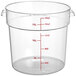 A Choice clear plastic food storage container with measurements in red.