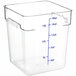 A clear square polycarbonate food storage container with blue measurements.