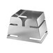 A silver stainless steel pyramid display riser.