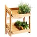 A Rosseto natural bamboo display stand on a table with wooden shelves holding vegetables and herbs.