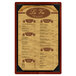A mahogany wood menu board with picture corners.