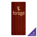 A mahogany wood menu board with picture corners on a table with a logo on it.