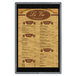 A customizable wood menu board with top and bottom strips.