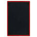 A black wood menu board with red trim.
