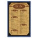 A white menu board with a blue wood frame.
