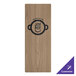 A weathered walnut wood menu board with top and bottom strips with a logo on it.