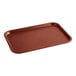 A rectangular burgundy plastic fast food tray.