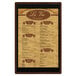A walnut wood menu board with top and bottom strips.