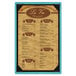 A Menu Solutions sky blue wood menu board with picture corners.