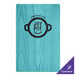 A blue wood menu board with a logo on it.