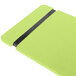 A lime green wood menu board with black rubber band straps.