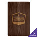 A wood menu clip board with a logo on it.