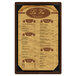 A Menu Solutions walnut wood menu board with picture corners on a white background.