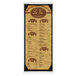 A white wash wood menu board with picture corners.