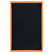 A black wood menu board with orange corners.