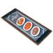 A rectangular walnut wood menu board with top and bottom strips displaying food.