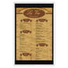 A white wash wood menu board with top and bottom strips holding a restaurant menu.