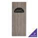 A wood rectangular menu board with top and bottom strips and a logo on it.