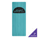 A blue rectangular customizable wood menu board with black picture corners.