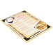 A Menu Solutions wood menu board with picture corners on a table with a sandwich menu.