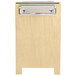A wooden menu board tent with a metal clip.