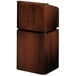 A wooden lectern with a mahogany and walnut finish and a curved top.