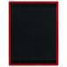 A black wood menu board with red wood strips at the top and bottom.