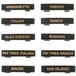 A group of black rectangular Tablecraft Print Dispenser tags with white writing on them.