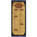A customizable wood menu board with picture corners holding a restaurant menu.