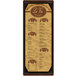 A walnut wood menu board with picture corners.