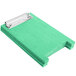 A washed teal wood Menu Solutions table tent with a metal clip.