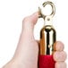 A hand holding a red rope with gold hooks.