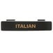 A black rectangular Tablecraft dispenser tag with orange Italian print.