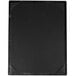 A black rectangular wood menu board with picture corners on a table.