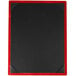A black rectangular wood menu board with red corners.
