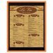 A customizable wood menu board with top and bottom strips on a brown frame.