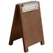 A walnut wood sandwich menu board tent with a metal clip.