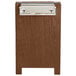 A walnut wood menu board tent with a white clip.