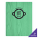 A washed teal wood menu board with customizable top and bottom strips and a pot logo on it.