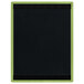 A black wood menu board with a green border and green and yellow rectangles.
