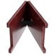 A mahogany wood triangle menu board with clip.