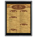 A brown wood menu board with white text and top and bottom strips.