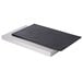 A black rectangular Vollrath display platter on a white surface with a black and white slate insert.