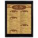 A black wood menu board with top and bottom strips.