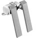 A close-up of a Fisher stainless steel dual knee valve with two metal handles.
